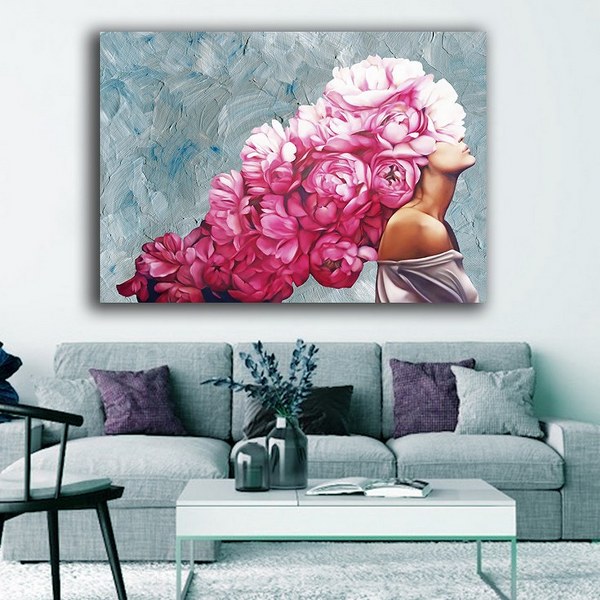 Pembe Gül Başlı Kadın Kanvas Tablo