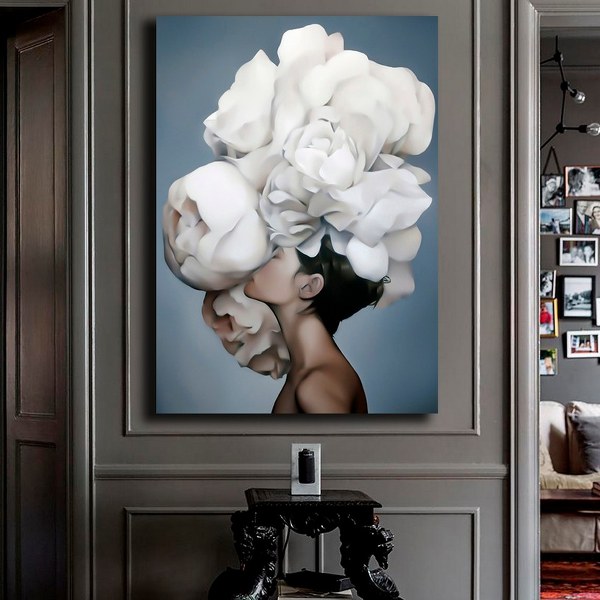 Cam Tablo Beyaz Güllü Kadın Flower Woman