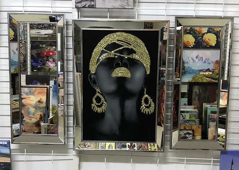 Ayna Çerçeveli Kanvas Tablo Altın Simli Siyahi Afrikalı Kadın Üçlü Set