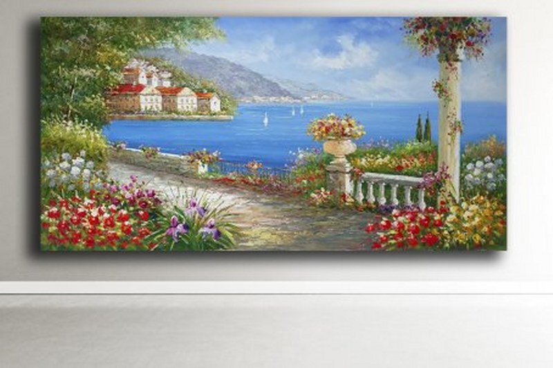 Kırmızı  ve Mor Çiçekli Akdeniz Manzarası Cam Tablo